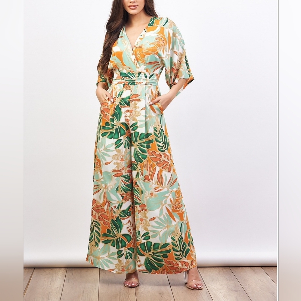 Floral Elegance Jumpsuit - Green and Orange